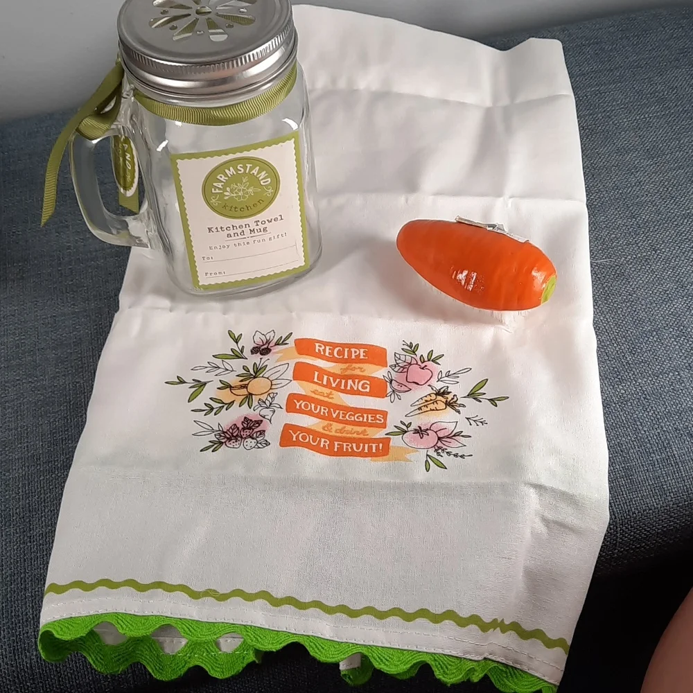 Kitchen Dish Towel Mason Mug Shaker Lid Vegetable Scrub Brush Set Carrot